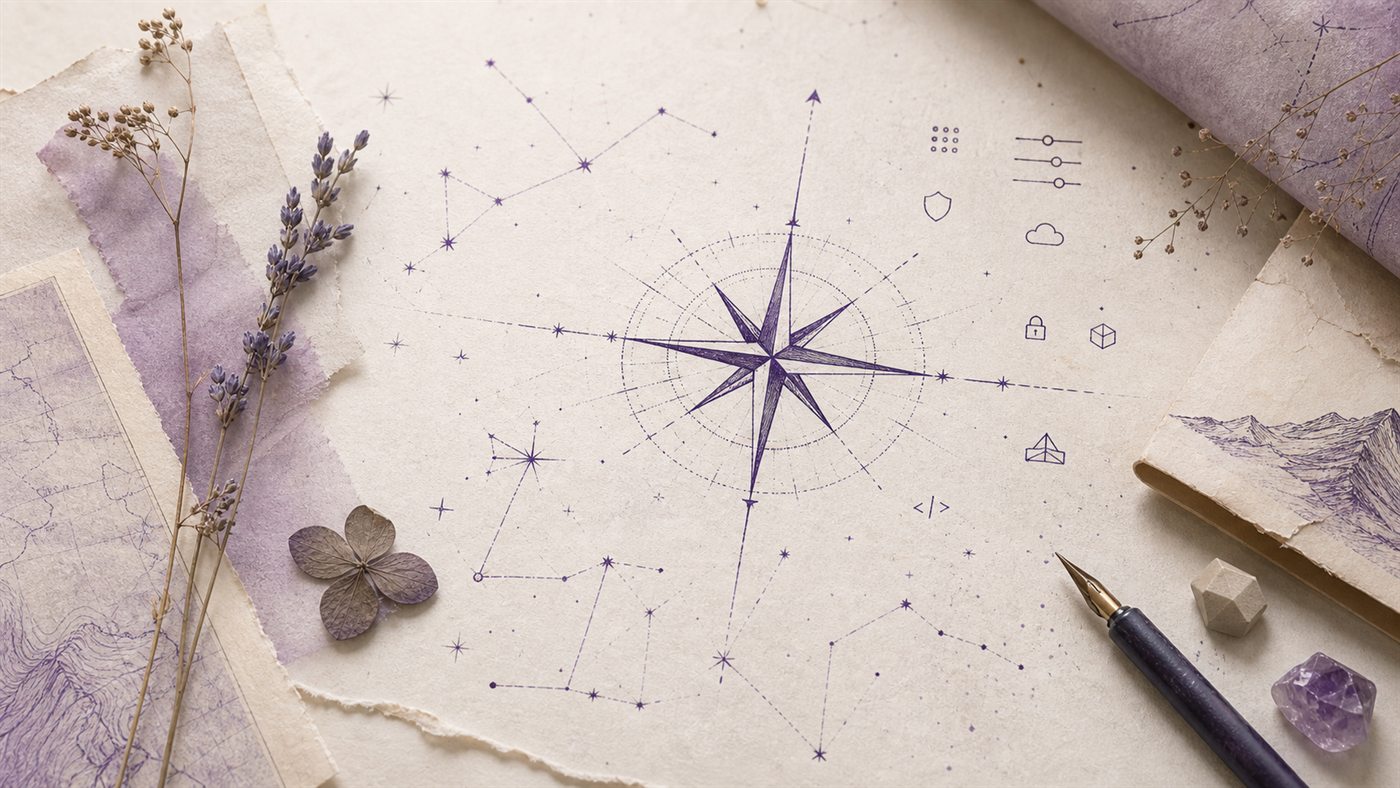 A purple ink compass and constellation notes on old paper with dried flowers.