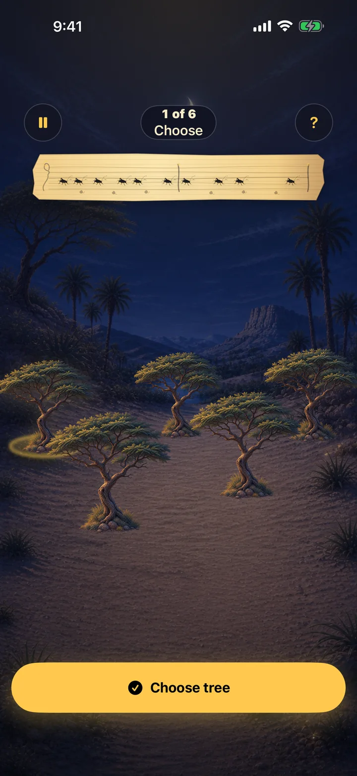 Hidden Chirps: match a cricket rhythm in a moonlit grove.