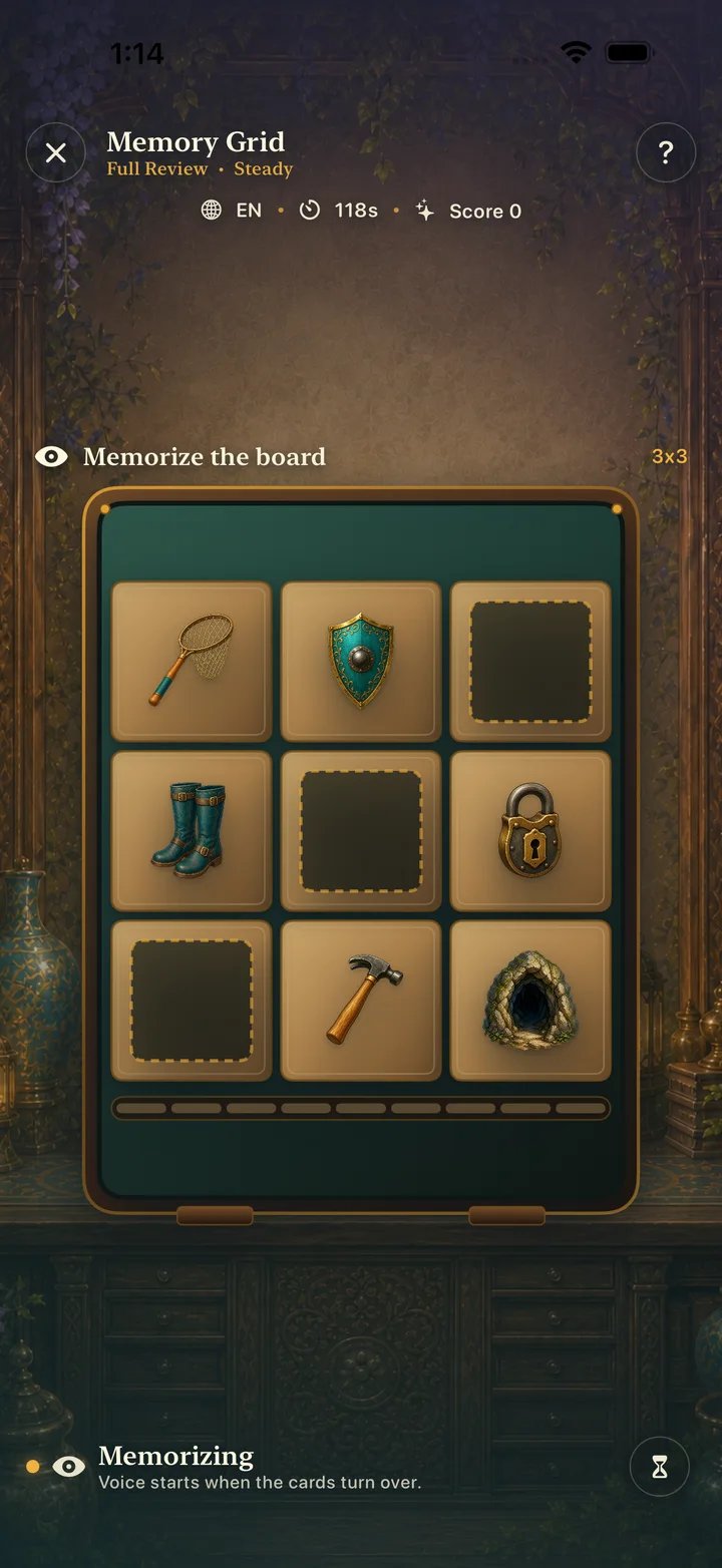Memory Grid: remember the hidden pictures.